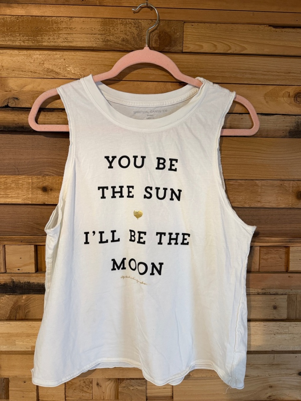 Spiritual Gangster White Graphic Muscle Tank with Black Lettering and Gold Heart